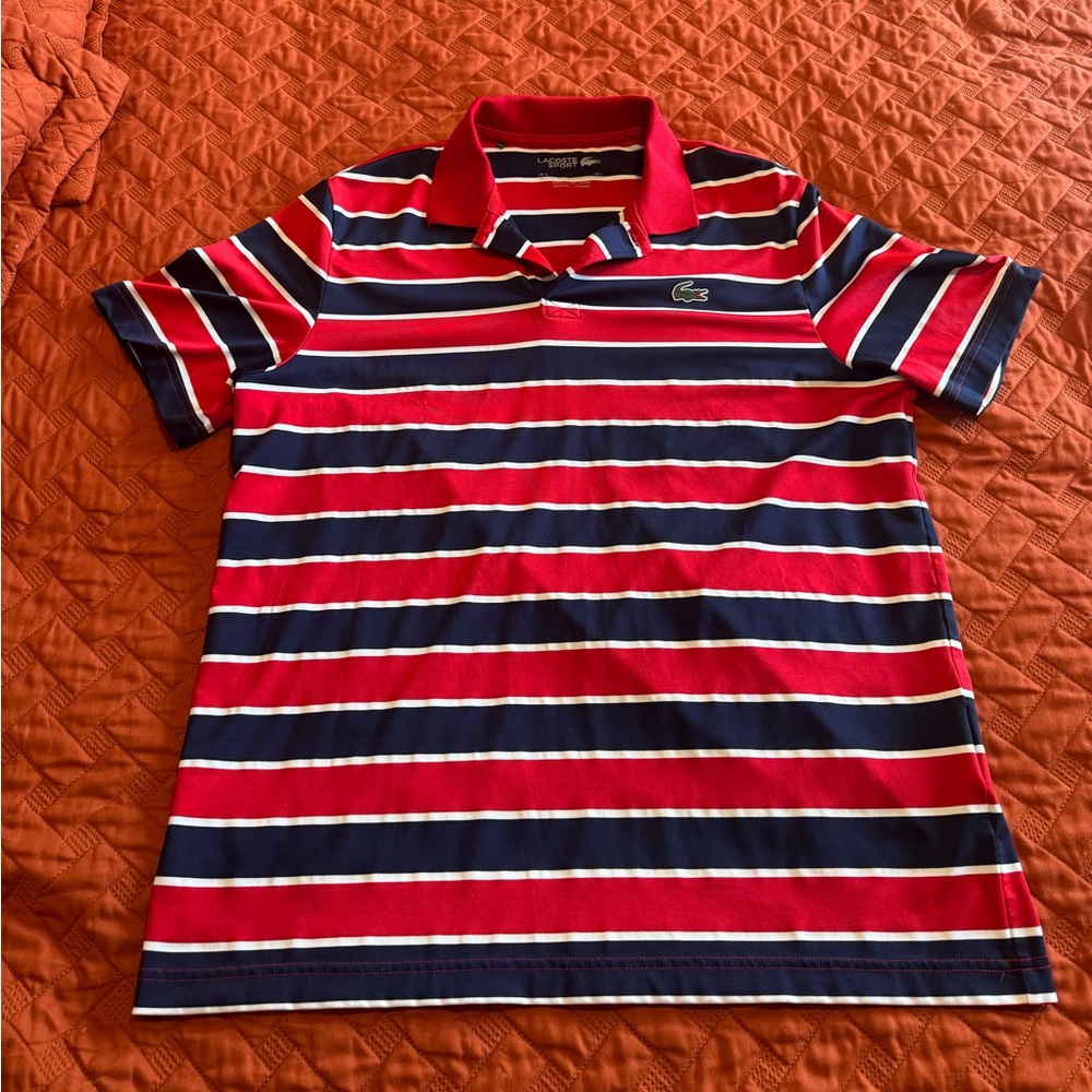 Lacoste Sport Red and Blue Striped Polo Shirt Large